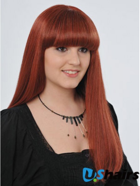 22 inch Red Long Straight With Bangs Monofilament Real Hair Wigs