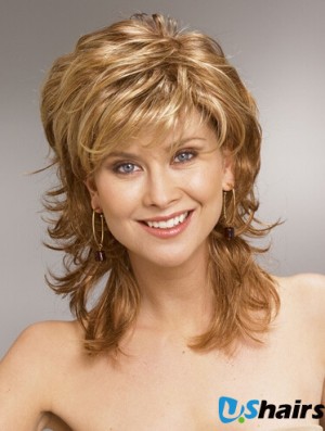 Shoulder Length Layered 13 inch Wavy Blonde Medium Wigs