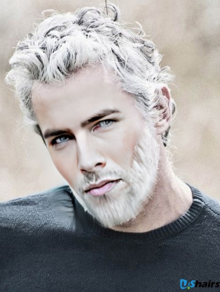 8 inch Remy Human Grey Wavy Short Realistic Wigs Men