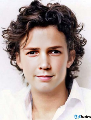 Remy Human 100% Hand Tied Curly Brown Buy Wig For Men