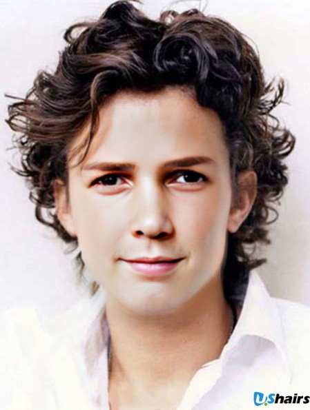 Remy Human 100% Hand Tied Curly Brown Buy Wig For Men