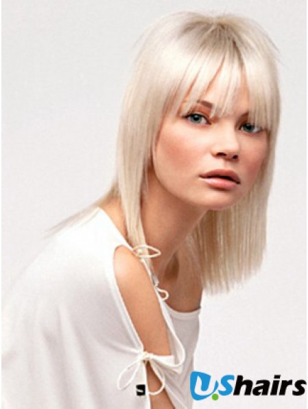Lace Front With Bangs Shoulder Length Straight 14 inch Platinum Blonde No-Fuss Fashion Wigs