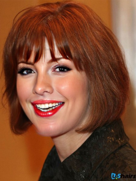 Natural Brown Chin Length Straight With Bangs 12 inch Human Hair Wigs