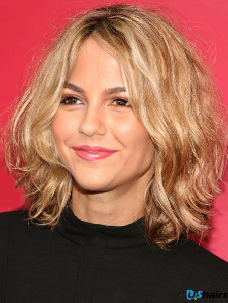 Popular Blonde Shoulder Length Wavy Without Bangs 14 inch Human Hair Wigs