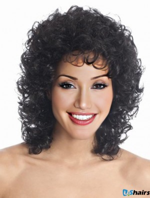 Shoulder Length Black Curly Layered Sleek African American Wigs